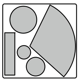 Quadratischer Rahmen mit mehreren grauen Formen: großes Kreissegment rechts, großer Kreis oben links, zwei kleine Kreise und ein Rechteck.